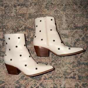 White Star-Accent Ankle Booties with Block Heel